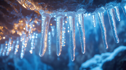 Cold weather depicted by icy stalactites hanging from a rock ledge in a frozen cave