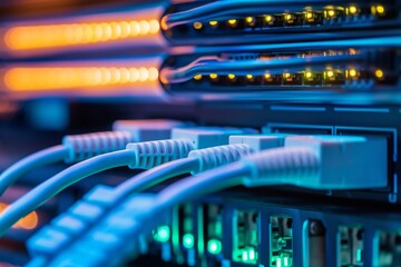 Network cables connected to Ethernet switches with illuminated indicators in a data center environment during evening hours