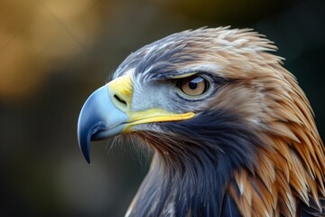 Fototapeta premium Golden eagle head detail showcasing striking features, sharp beak, and captivating eyes in natural habitat with soft blurred background during daylight