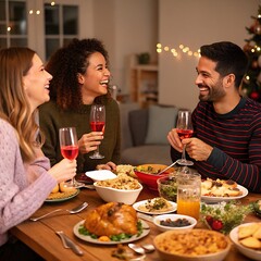 Friends at a Boxing Day dinner party enjoying festive cocktails and drinks 