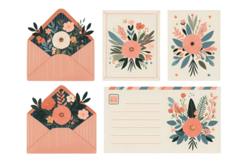 Envelopes with flowers. closed and open with flower, Love Letter, cartoon style. Mother and Valentines Day greeting. Generative AI