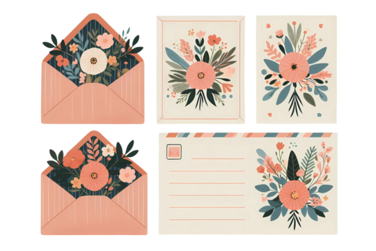 Envelopes with flowers. closed and open with flower, Love Letter, cartoon style. Mother and Valentines Day greeting. Generative AI