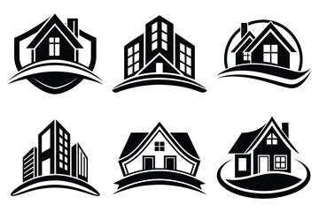 Fototapeta premium Real Estate icon set. Vector illustration. The collection contains icons: House, Real Estate Insurance, Real Estate Agent, House Key, Domestic Life, Real Estate Construction, Relocation, Home.