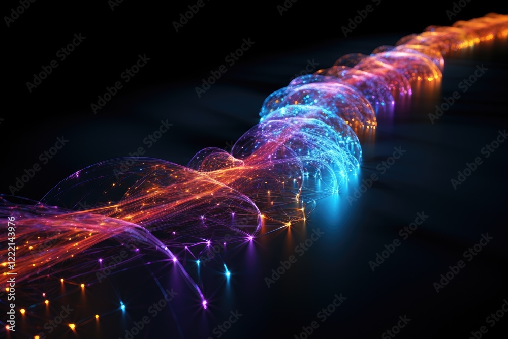 Poster visualization of photons traversing through a medium, exhibiting wave-like behavior and colorful pat
