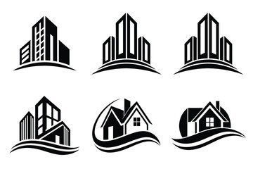 Fototapeta premium Real Estate icon set. Vector illustration. The collection contains icons: House, Real Estate Insurance, Real Estate Agent, House Key, Domestic Life, Real Estate Construction, Relocation, Home.
