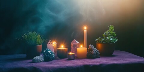Candles and crystals on table with plants in mystical setting
