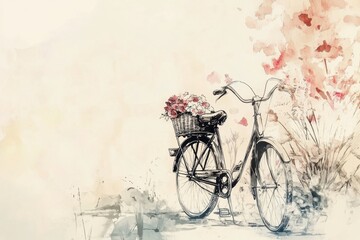 Obraz premium Vintage Bicycle with Flower Basket and Soft Watercolor Background