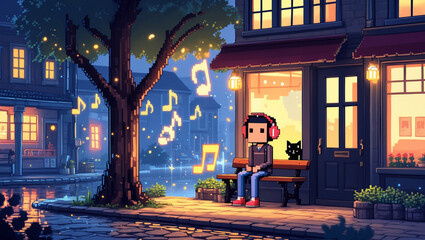 Naklejka premium A pixel art illustration depicts a person in headphones sitting on a bench in a quiet city at night, near a tree with glowing musical notes. A black cat sits nearby.