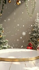 Festive Winter Scene with Snowflakes and Christmas Decorations