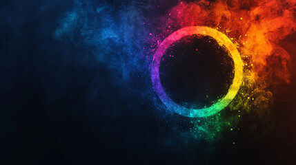 multicolored rainbow circle frame watercolor stain splatter on a black background showcasing bright minimalism with blurred empty space for modern captions or creative use