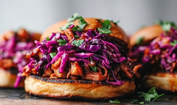 Close-up BBQ Jackfruit Sliders with Coleslaw - Vegan Plant-Based Slow Cooked Pulled Jackfruit Sandwiches Topped with Fresh Purple Cabbage - Perfect for Summertime BBQs and Healthy, Generative AI - Powered by Adobe