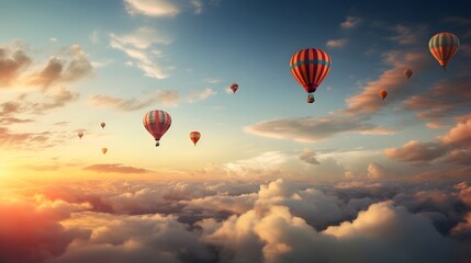 Obraz premium A group of colorful hot air balloons gracefully floating and ascending into the serene ethereal cloudy sky landscape creating a captivating and vista