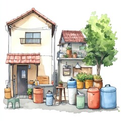 Watercolor illustration of a small Japanese neighborhood with two houses, a tree, and a variety of potted plants and trash cans.