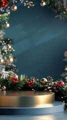 Festive Christmas Background with Wreath and Golden Podium