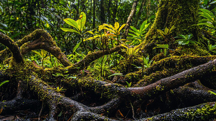 Lush Forest Floor with Intricate Roots and Vibrant Greenery in a Tropical Rainforest