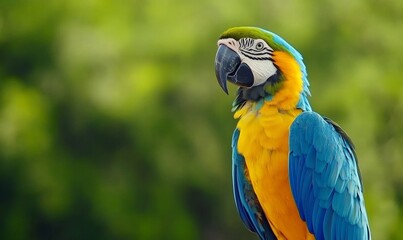 Obraz premium Vibrant Blue and Yellow Macaw Parrot Close-Up Against Blurred Green Background in Natural Setting, Generative AI