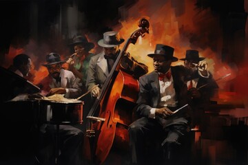 A vibrant abstract portrait capturing a jazz band performing energetically in a dimly lit club, highlighting the essence of their musical talent and the atmosphere of the night