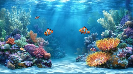 Obraz premium Amphiprion Ocellaris Clownfish In Marine Aquarium. Clownfish swim around their host anemone with blue water behind. Photo of a tropical Fish on a coral reef.