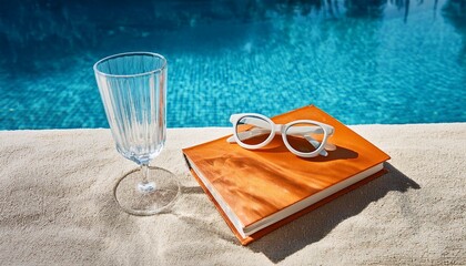 Generated image AI Creative summer scene with orange book, stylish white sunglasses and crystal glass on sunny blue and sandy background. Leisure by the pool idea