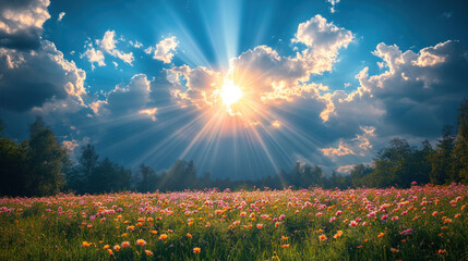 Obraz premium Sunny skies with rays of sunlight piercing through a thin veil of clouds over a meadow