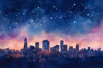 Fototapeta premium Nighttime Urban Skyline with Stars and Cloudy Sky Watercolor Art