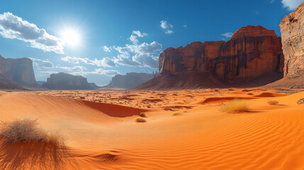 Fototapeta premium Sweeping desert dunes under a blazing sun, with shadows creating a mesmerizing pattern