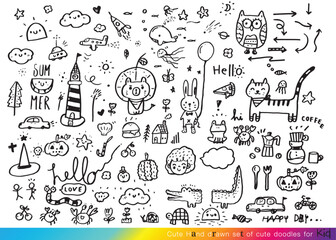 Vector illustration of Doodle cute for kid, Hand drawn set of cute doodles for decoration,Funny Doodle Hand Drawn, Summer, Doodle set of objects from a child's life,Cute animal