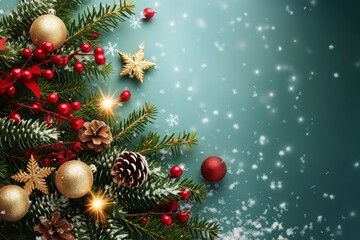 Celebrate the joy of Christmas with a beautiful background featuring festive elements like pine branches, ornaments, and snowflakes that capture the spirit of the holiday season