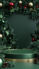 Festive Green Display with Holiday Decorations and Blank Space