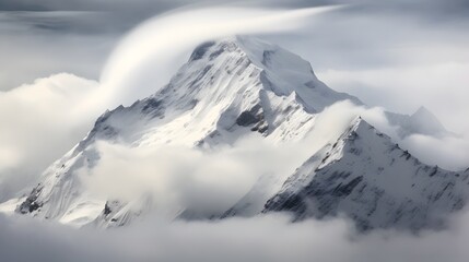 Obraz premium Dramatic snow capped mountain peaks rising into the sky their summits enveloped in swirling clouds creating a captivating and serene natural landscape