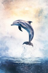 Majestic Dolphin Leaping Above Calm Ocean Waters at Sunrise