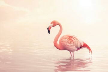Graceful Pink Flamingo Standing Alone in Calm Water Environment