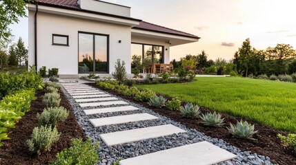 Obraz premium Water conservation gardening idea. Modern home exterior with a stylish pathway and landscaped garden.