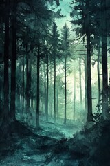 Fototapeta premium Mysterious Forest Pathway Under Foggy Atmosphere in Watercolor Style