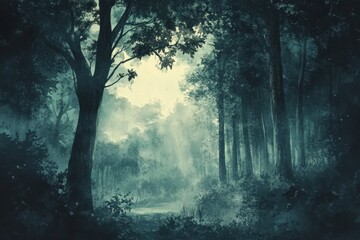 Obraz premium Serene Misty Forest Scene with Gentle Light Filtering Through Trees