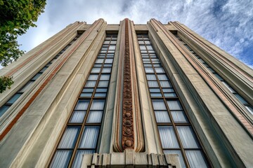 Fototapeta premium An impressive art deco structure with symmetrical vertical lines, decorative terracotta accents, and tall windows