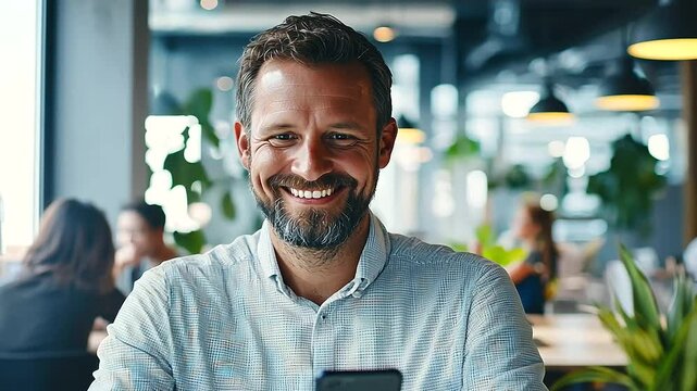 A person confidently uses a smartphone in a modern office, highlighting the effortless blend of digital tools in work and personal life.