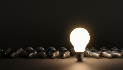 Generated image AI One of Lightbulb glowing among shutdown light bulb in dark area with copy space for creative thinking , problem solving solution and outstanding concept by 3d rendering technique