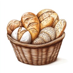 A wicker basket overflowing with assorted loaves of bread