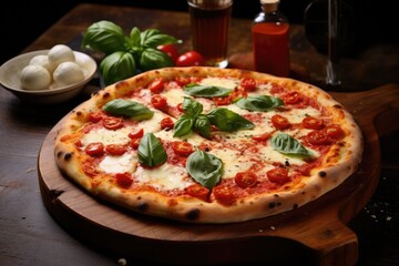Authentic stonebaked Margherita pizza with fresh basil, cherry tomatoes, and mozzarella cheese served on a wooden board in a cozy kitchen setting