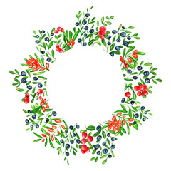 Fresh berries background. Frame set of watercolor berries. Cowberry, blueberry, sea buckthorn, butterfly, watercolor. Clip art, element for design. 