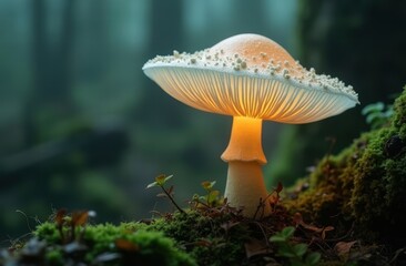 Fototapeta premium image of a luminescent mushroom emerging from a misty, ancient forest floor.