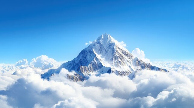A majestic snow-capped mountain rises above fluffy clouds, set against a clear blue sky, creating a breathtaking natural landscape. - Powered by Adobe