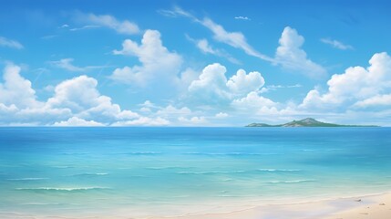 Fototapeta premium Tranquil beach scene with soft wispy clouds drifting over the serene ocean horizon A peaceful idyllic landscape evoking a sense of relaxation and escape