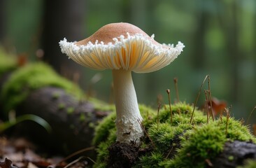 image of a luminescent mushroom emerging from a misty, ancient forest floor.

