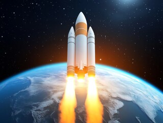 Naklejka premium Rocket Taking Off from Earth with Planet in the Background, Space Exploration Concept
