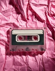 Generated image AI old cassette tape on crumpled pink background. retro and nostalgia style. vintage music concept. copy space. Y2K design trend, 2000 year