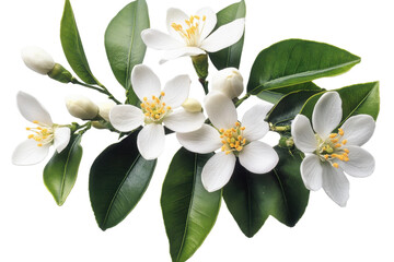 Fototapeta premium White orange flower and green leaves isolated on white background