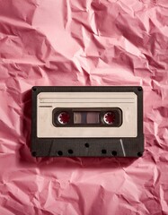 Generated image AI old cassette tape on crumpled pink background. retro and nostalgia style. vintage music concept. copy space. Y2K design trend, 2000 year