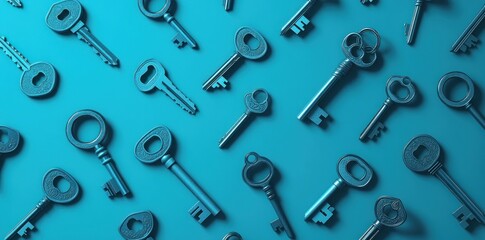 Naklejka premium Aqua Keys: A Collection of Vintage Keys on Teal Background